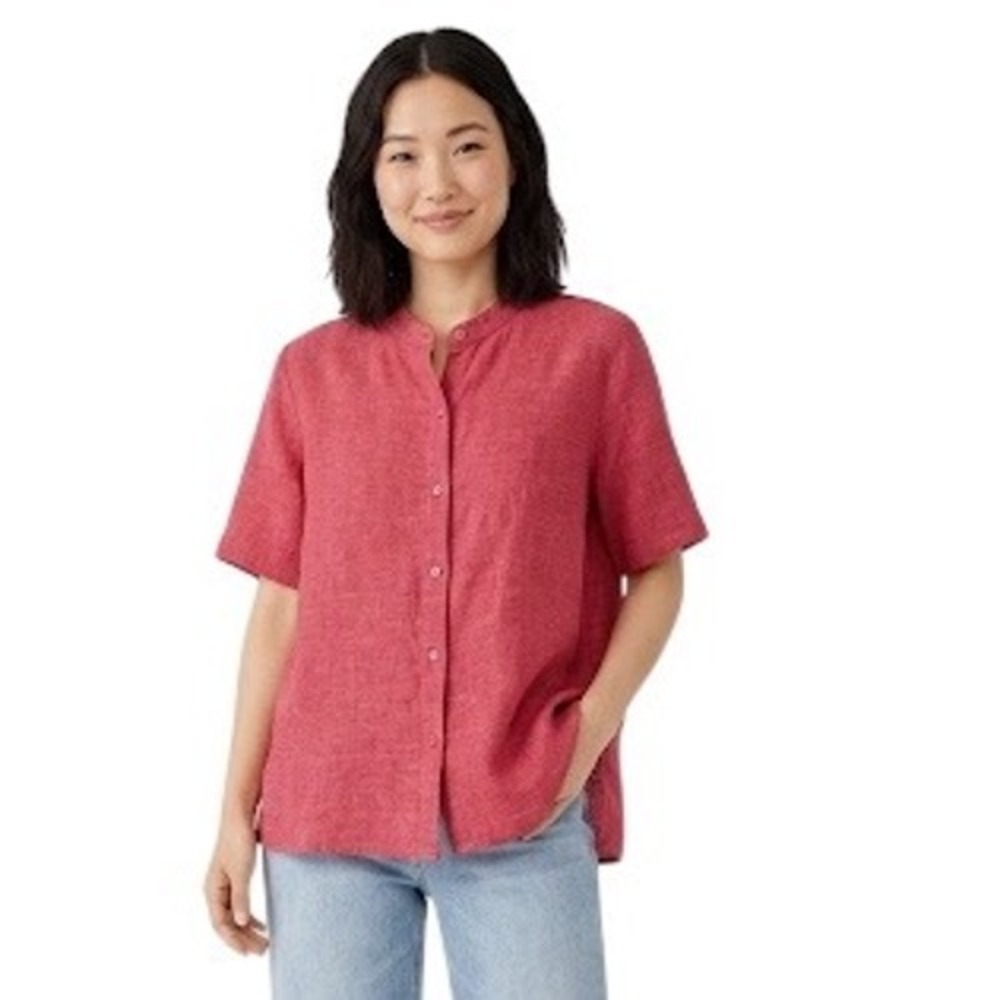 Eileen Fisher Washed Organic Linen Delave Mandarin Collar‎ Shirt Geranium L New